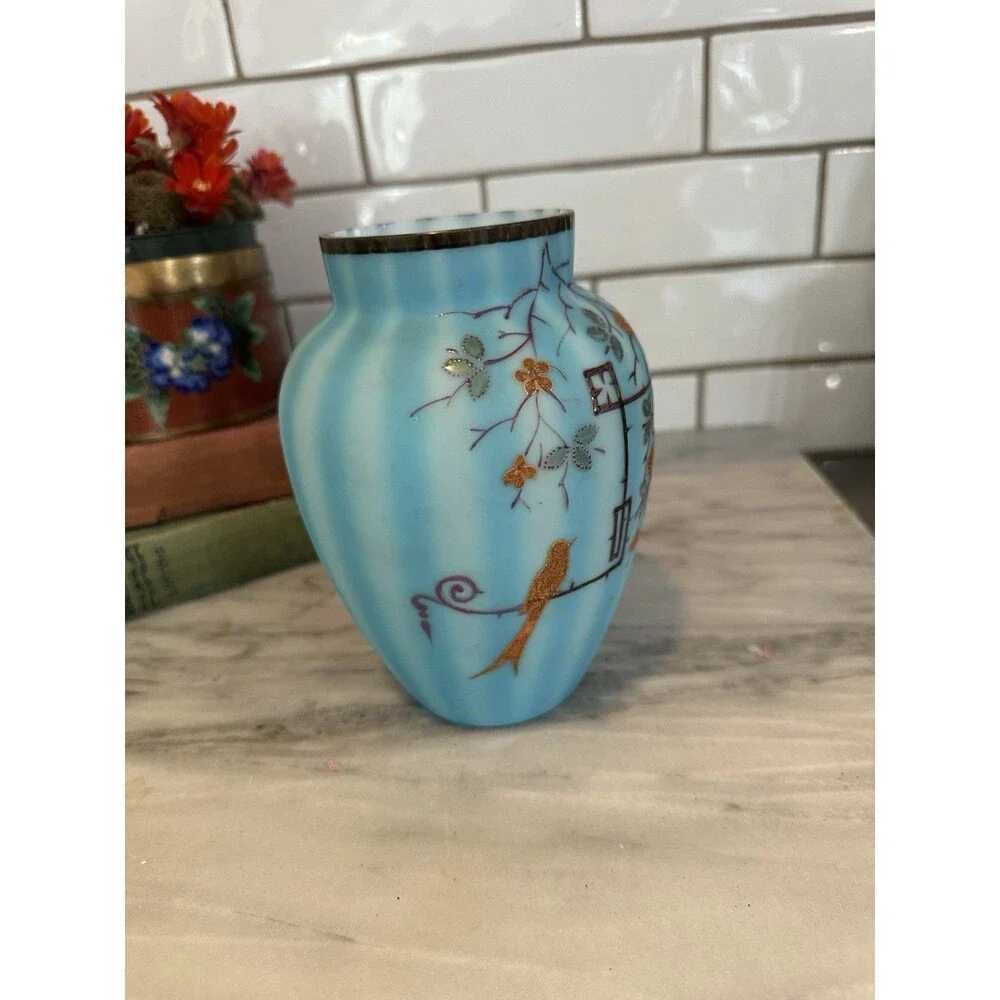 Gorgeous Antique Cased Satin Blue Glass Vase Raised Art Deco Bird Flowers